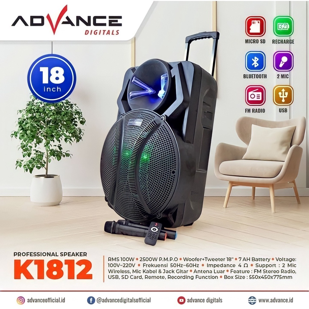 Advance Speaker Portable Meeting Trolley 18&quot; K1812 + 2 Mic Bluetooth