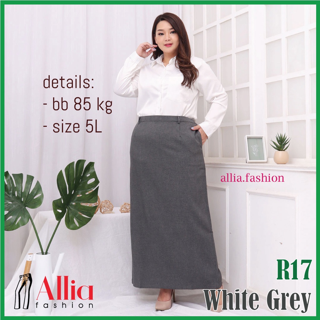 ALLIA R17 WHITE GREY M - 7L - ROK KERJA SPAN - ROK SPAN WANITA JUMBO - ROK KERJA PANJANG