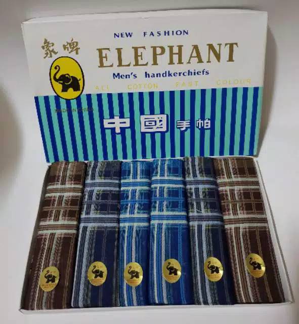 6Pcs Saputangan Katun Pria Cap Gajah Motif Tua Dan Muda-Saputangan Dewasa Elephants Ukuran 40x40 cm