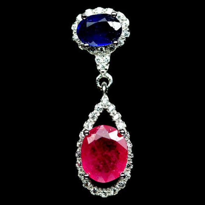 Batu Natural Permata Ruby & Sapphire Kalung Liontin Perak 925 Lapis Emas