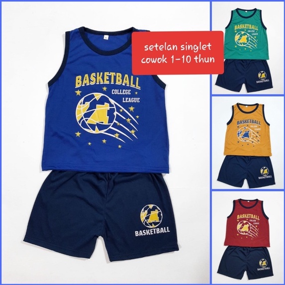 setelan singlet baju anak laki laki 1-10 tahun celana pendek pakaian cowok gambar basket ball grosir