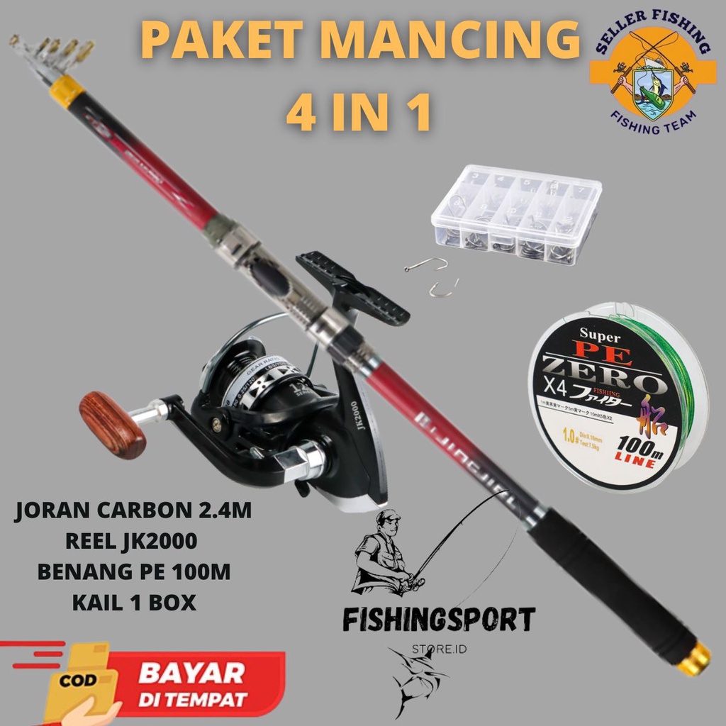 Set Pancing Murah Lengkap 4 in 1 Joran 2.4 Meter Reel JK2000 Benang PE Super 4 Braid 1.0 Mata Kail 1 Box Paket Mancing Galatama Kolam Danau Sungai Pantai Rawa Pinggir Laut Tongkat Stik Carbon Fiber Teleskopik Rell Gulungan Katrol Rill Kerekan Pancing