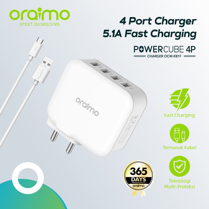ORAIMO Charger 4 USB Port + Micro USB Cable 1m OCW-E81F - GARANSI 1 TAHUN