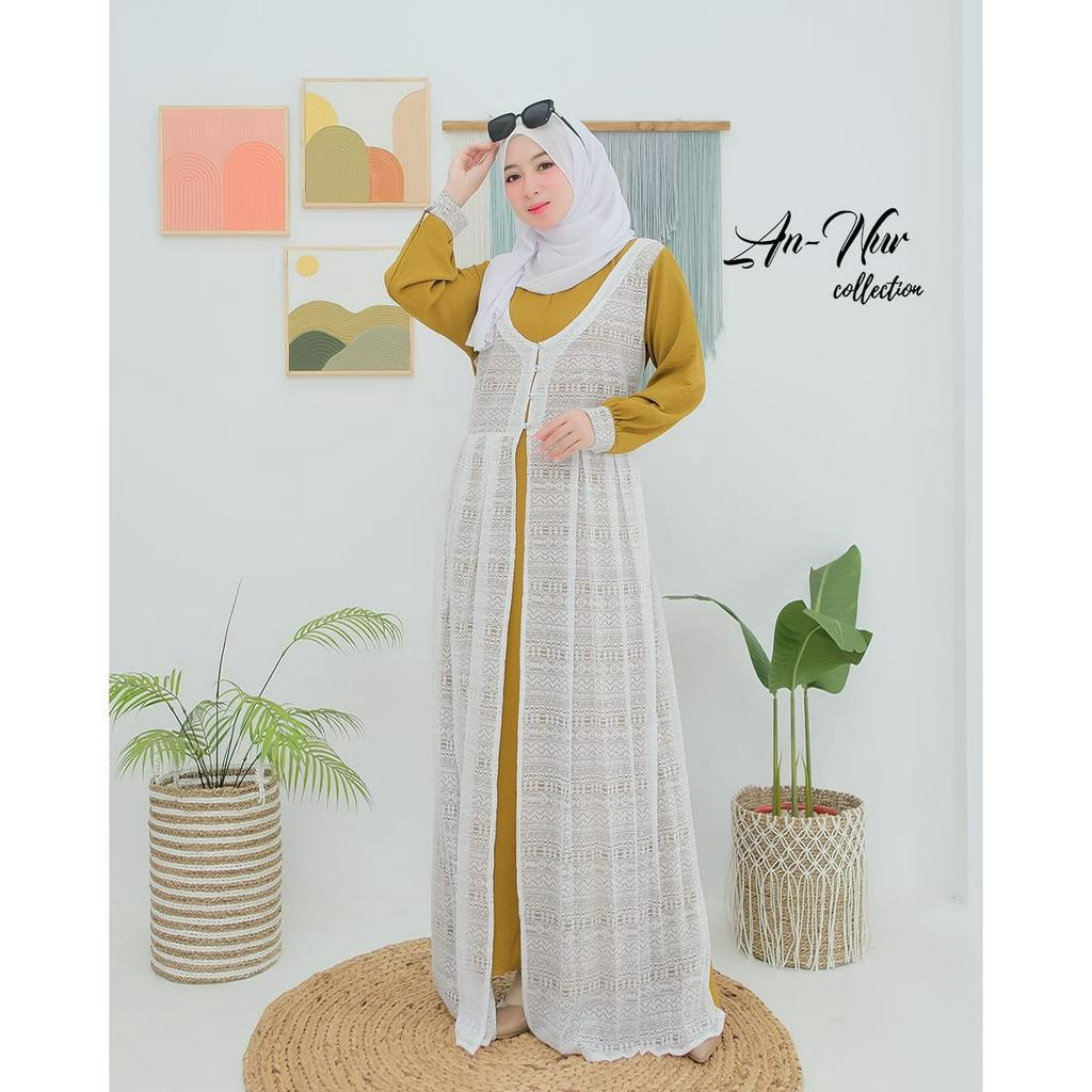 DRESS SAMIRA BY ANNUR COLLECTION GAMIS CRINGKLE MIX OUTER BRUKAT MALIKA TERBARU REMAJA KEKINIAN