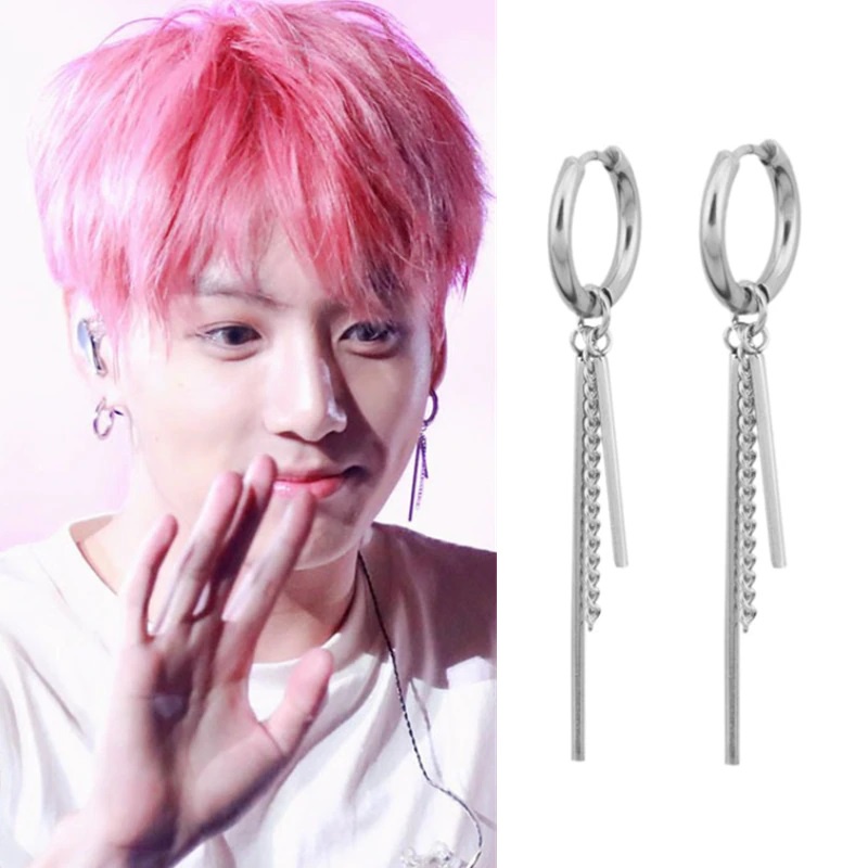 Anting bangtan korea pria model tusuk klip jepit tindik piercing telinga cowok style bts kpop suga jimin earrings gantung panjang untuk laki