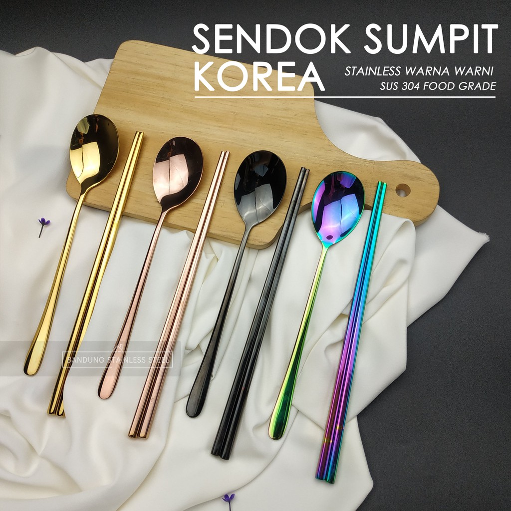 SUS 304 sendok garpu makan sumpit korea warna warni stainless rainbow rosegold hitam emas