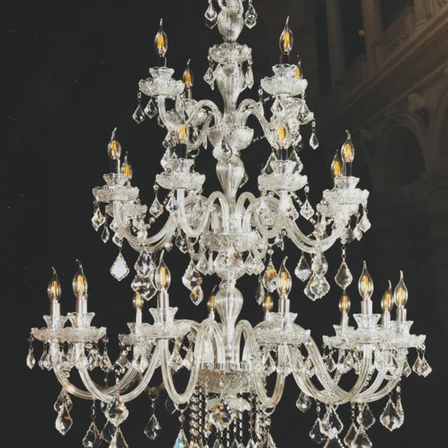 Lampu gantung lilin hias chandelier komplit kristal gereja restoran hotel masjid 24 cabang chrome