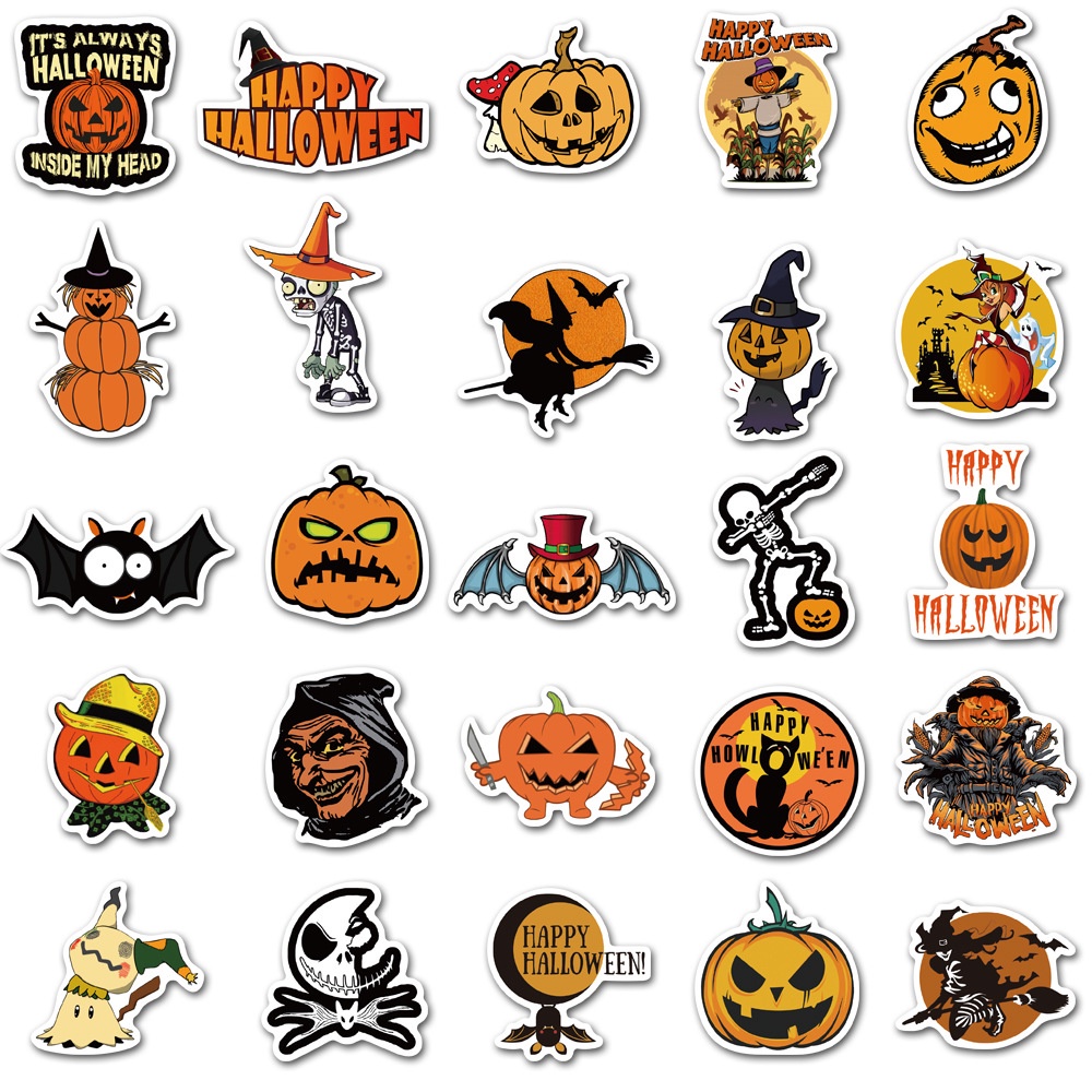 50 Pcs Halloween Theme Ghost Pumpkin Witch Pattern Waterproof Graffiti Stickers for Laptop Fridge Luggage Decoration