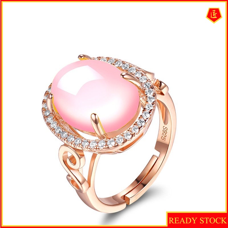[Ready Stock]925 Silver Ring Women's Ethnic Style Ross Quartz Pink Crystal Diamond