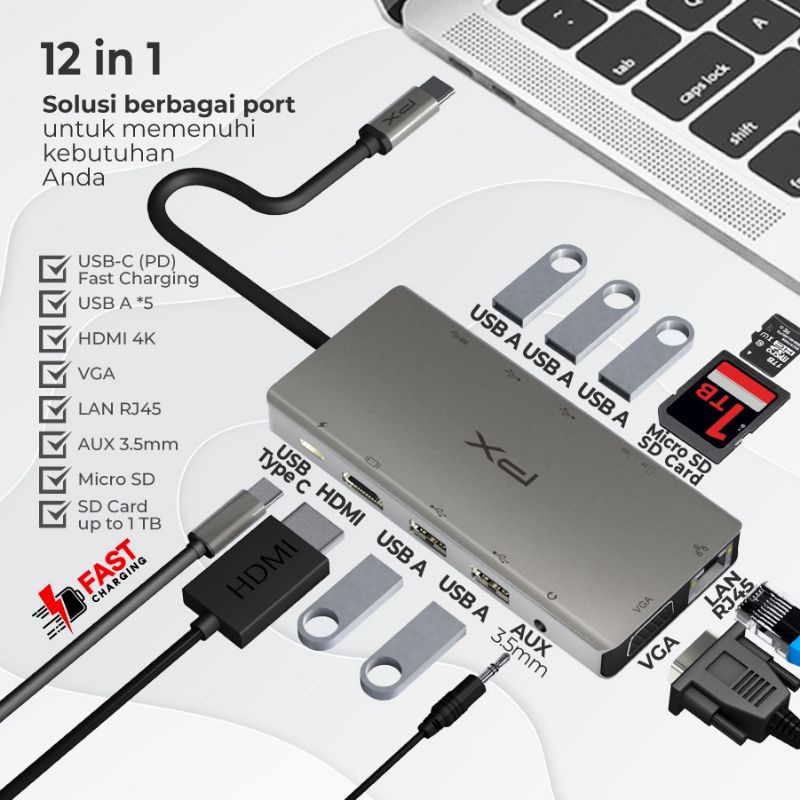 Type-C 3.1 to HDMI LAN SD/Micro SD 3.5mm 12in1 Converter PX UCH012
