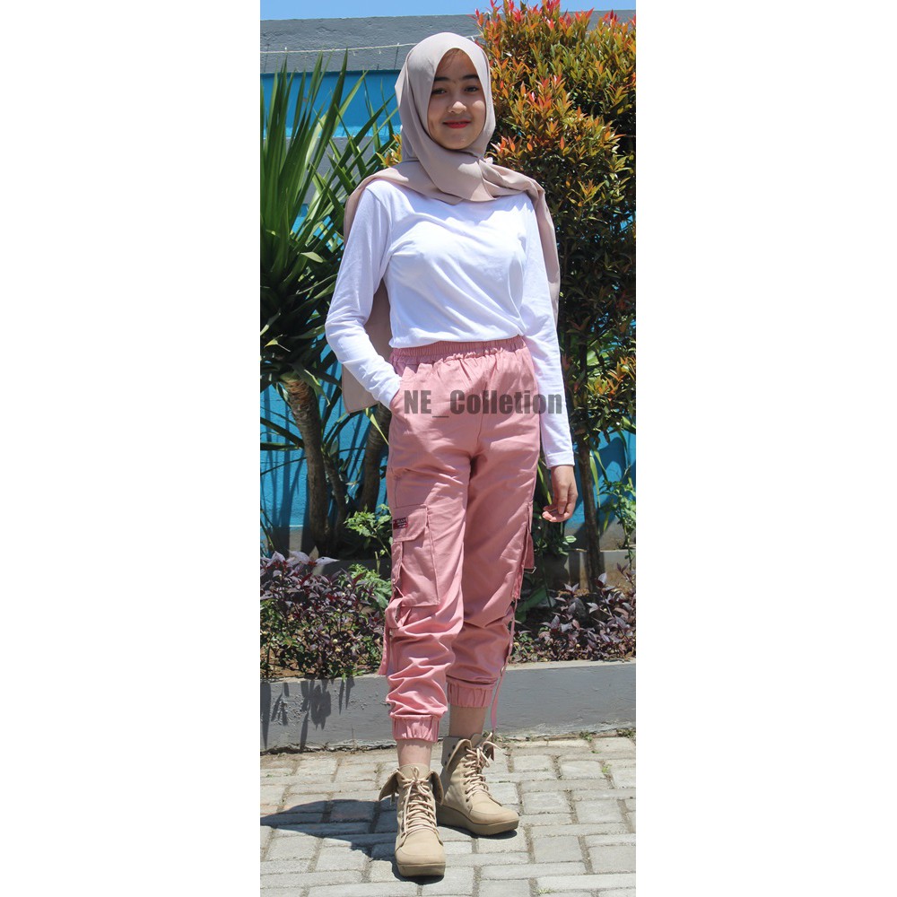 Celana Jogger PDL Wanita Celana Panjang Slim Fit Katun Premium Pinggang Elastis Jogger Cargo Pink