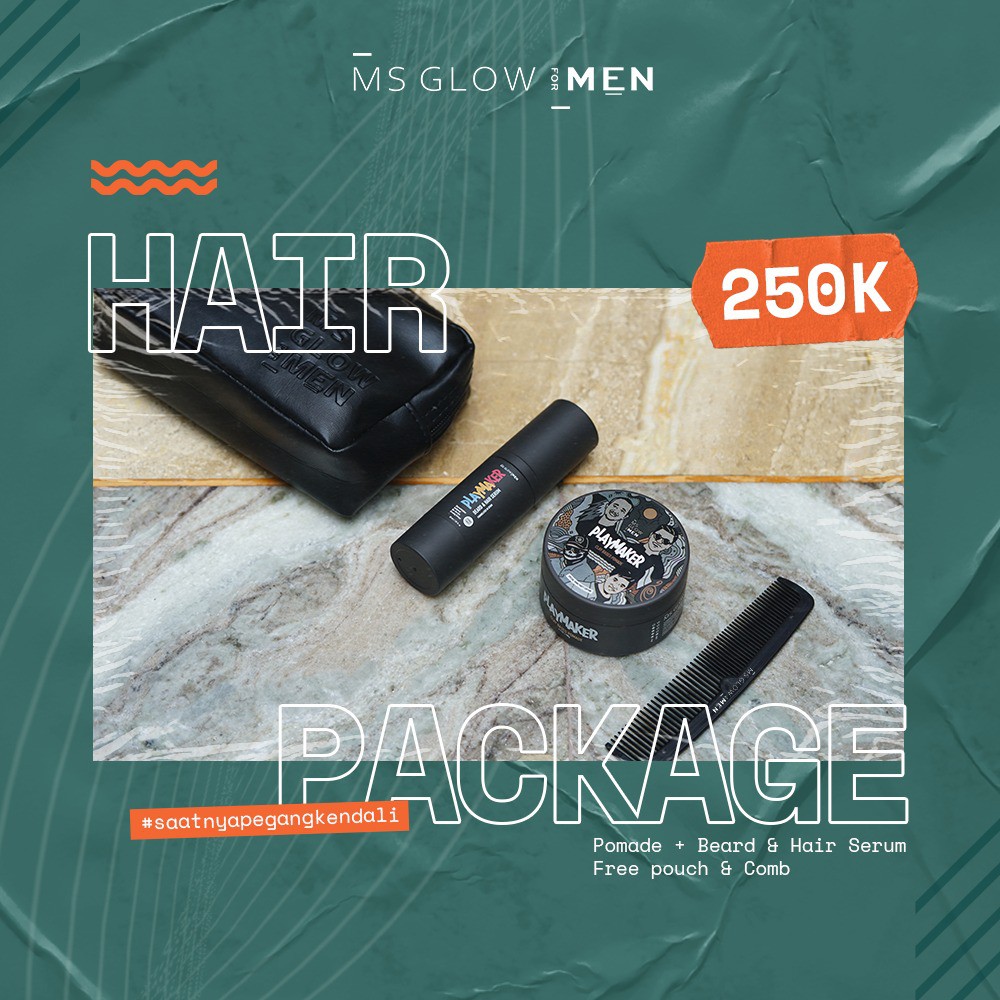 Paket Hair PLAYMAKER by MS Glow For Men (Pomade + Beard Serum Free Pouch + Sisir)