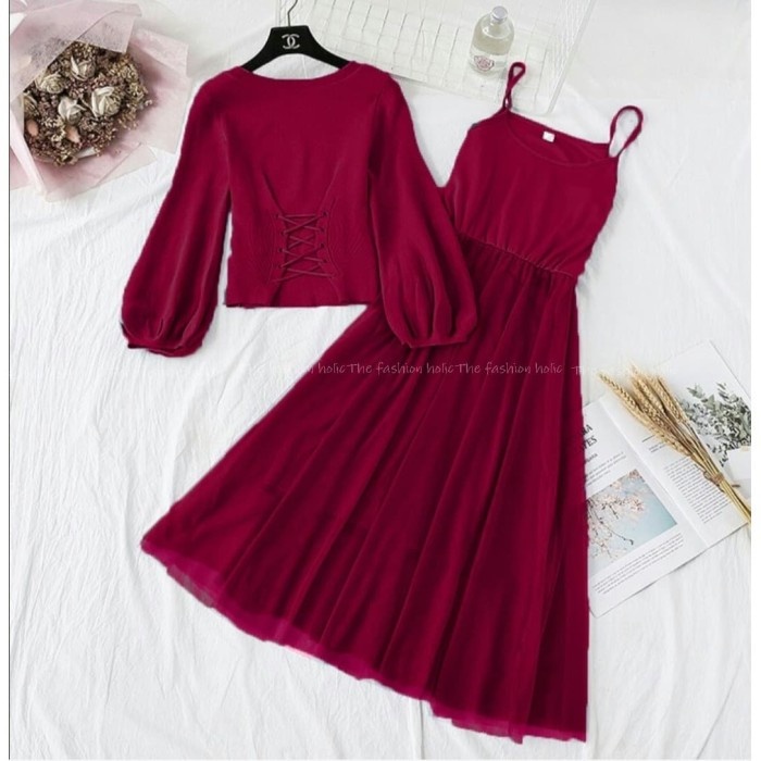 F337 Atasan Inner Dress Cewek 2in1 st Jocelyn Tile Maroon VE Setelan Top Outer Wanita Mosscrepe
