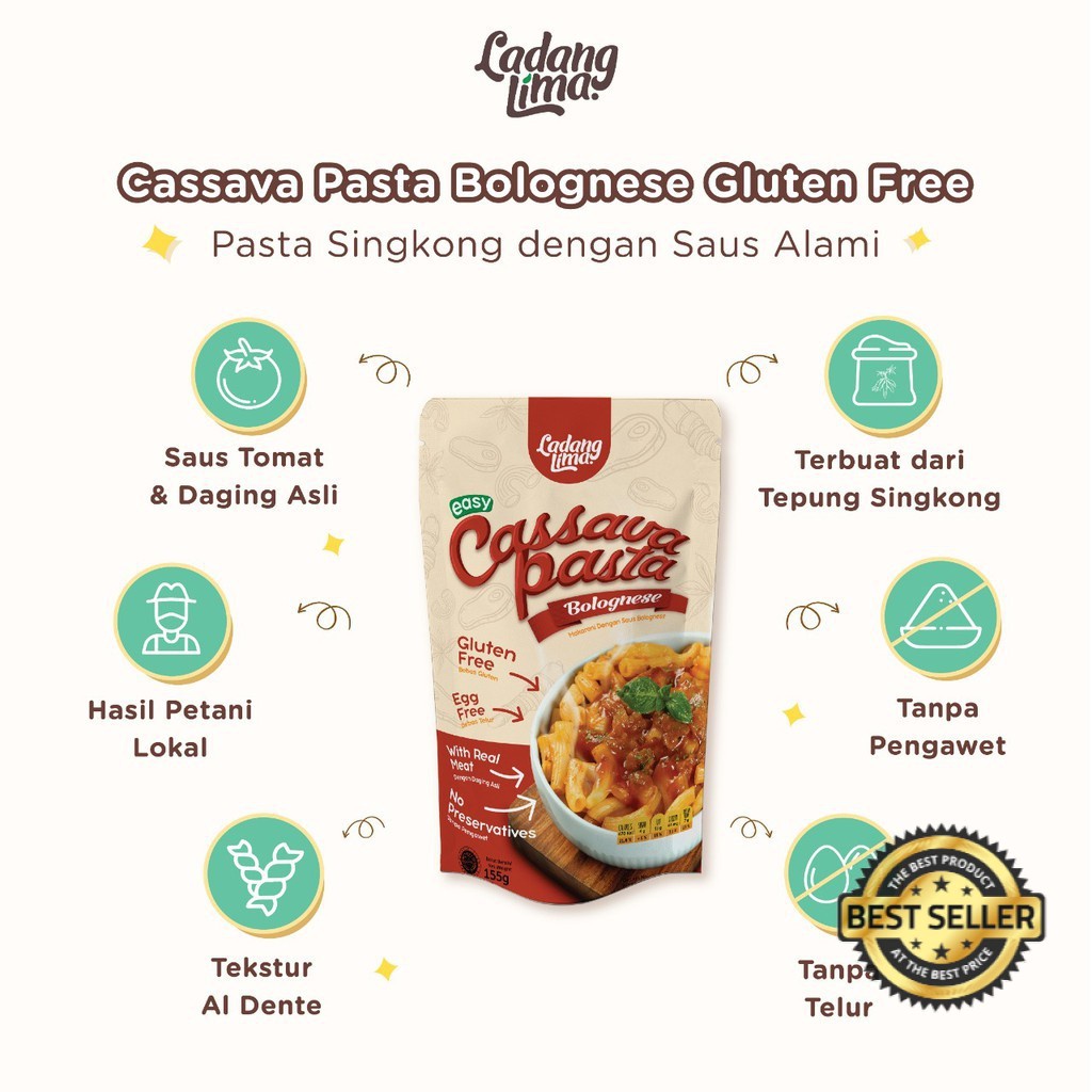 

CASSAVA PASTA BOLOGNESE 155GR LADANG LIMA ORIGINAL MACARONI PASTA TEPUNG SINGKONG GLUTEN FREE