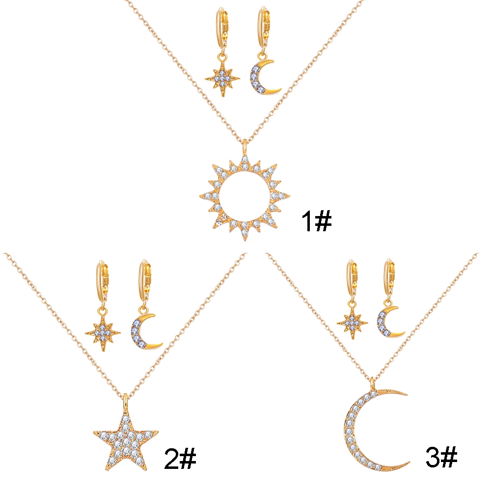 Fashion Galaxy Series Necklace Women Star Moon Sun Gold Dangle Necklaces Earrings Set Gifts Jewelry