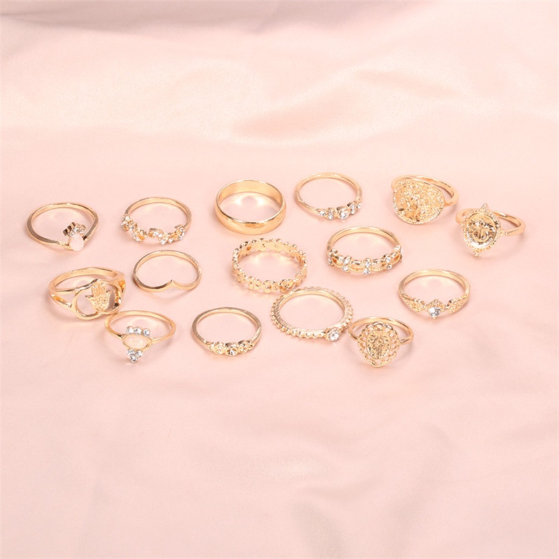 15 Pcs / Set Cincin Desain Kepala Emas Koin Palang Hati Fatima Untuk Wanita