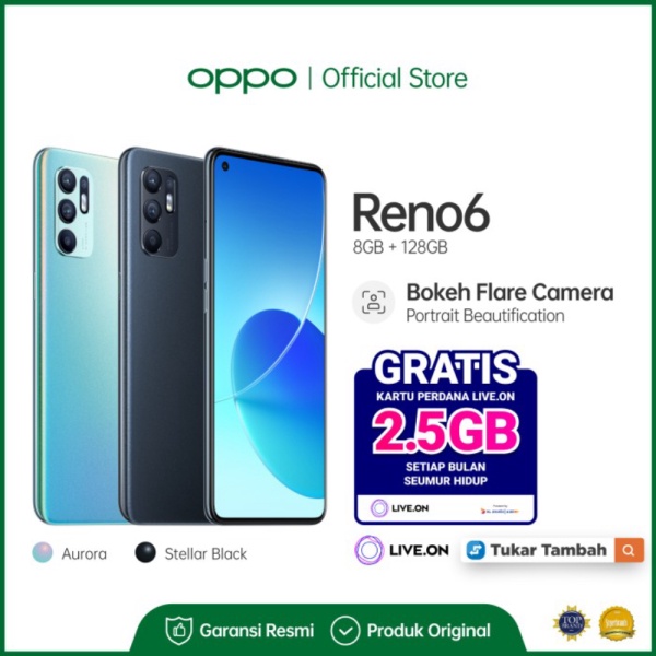 tektokanstore [Tukar Tambah Live.On] OPPO Reno6 Smartphone 8GB/128GB - Hitam