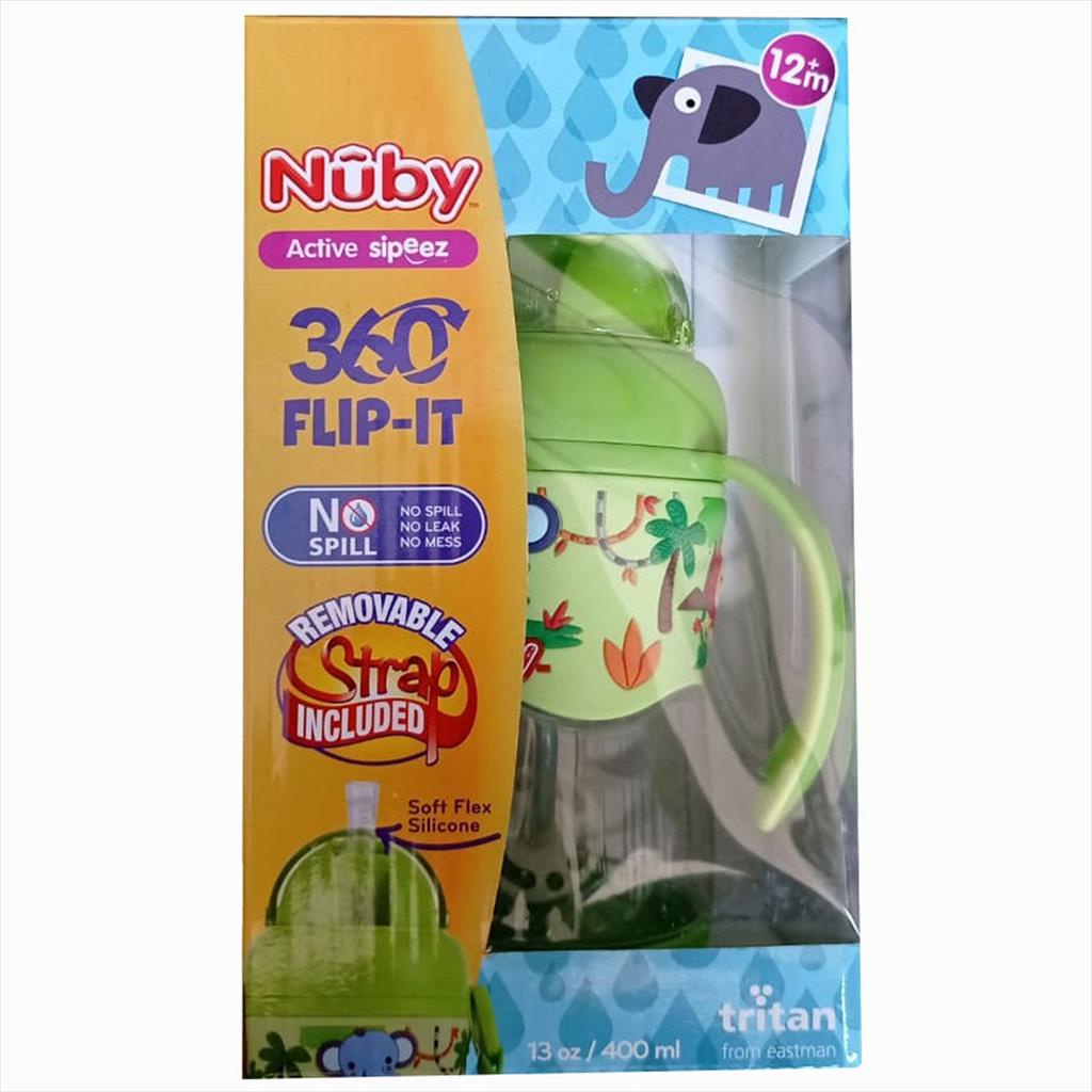 NUBY 118243 400 ml Tritan Bottle Flip it with Straw Green Botol