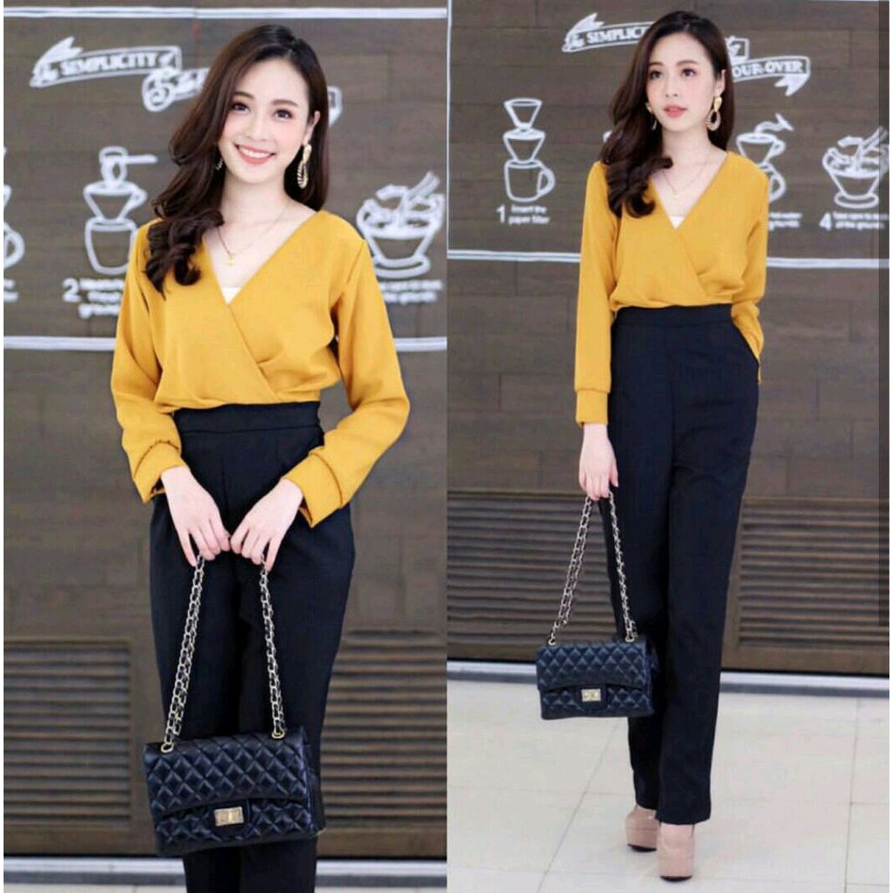 sq Babol mustard top atasan blouse lengan bolong sexy kuning kunyit simple elegan wanita murah cewe