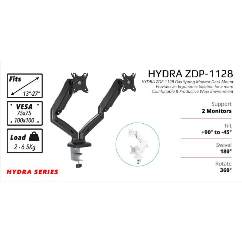 Bracket monitor dual arm HYDRA ZDP1128 10 - 27 inch Gas Spring