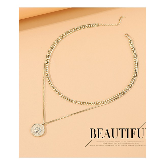 LRC Kalung Fashion Golden Roman Head Alloy Double Necklace y64436