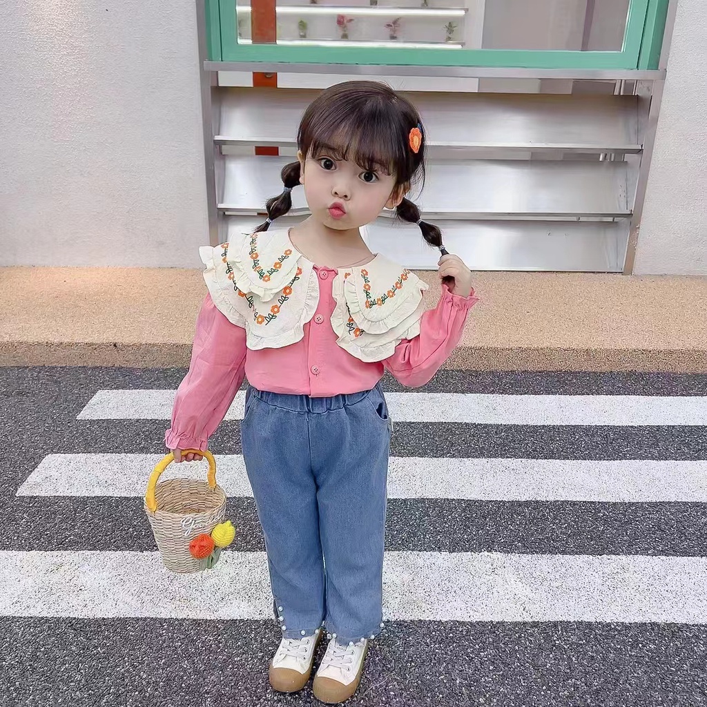 Pakaian Anak Perempuan Import Set Anak Terbaru Premium Motif Floral Blouse + Celana Jeans Panjang Import