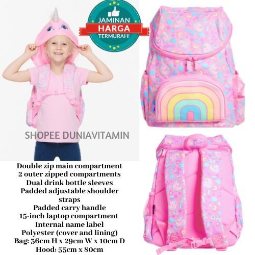  Tas  smiggle  Hoodie Character Junior Backpack Pink Unicorn 