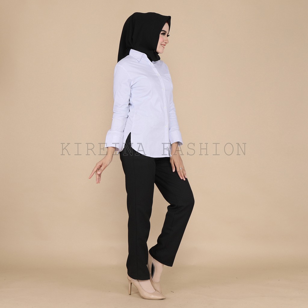 Kemeja Putih Kerja Wanita Kantong Satu Pola Kecil Bahan Stretch | Kireina Fashion