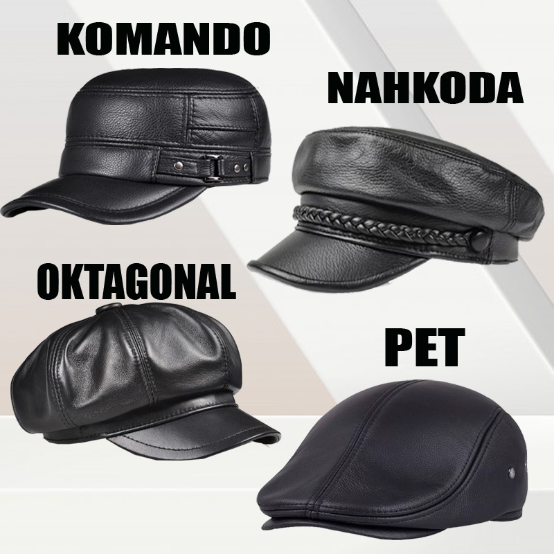 Topi Pria Kulit Asli Model Komando Snapback Pet Oktagonal Nahkoda Warna Hitam