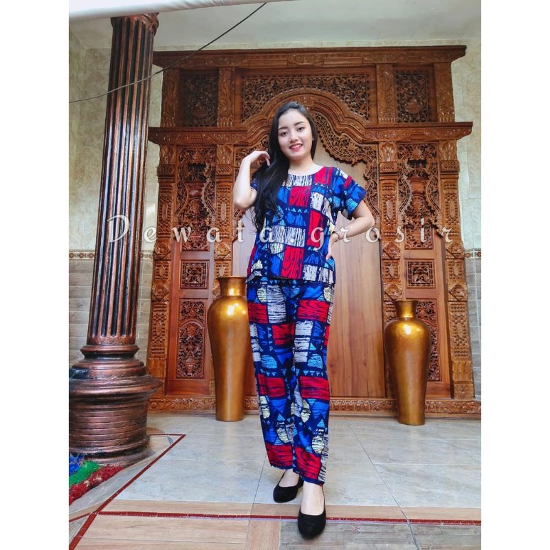 BAJU WANITA PIYAMA BAJU TIDUR SETELAN ONE SET BABYDOLL RAYON SUPER KOPI BALI ROBUSTA TERLARIS-Puzzle RedBlue