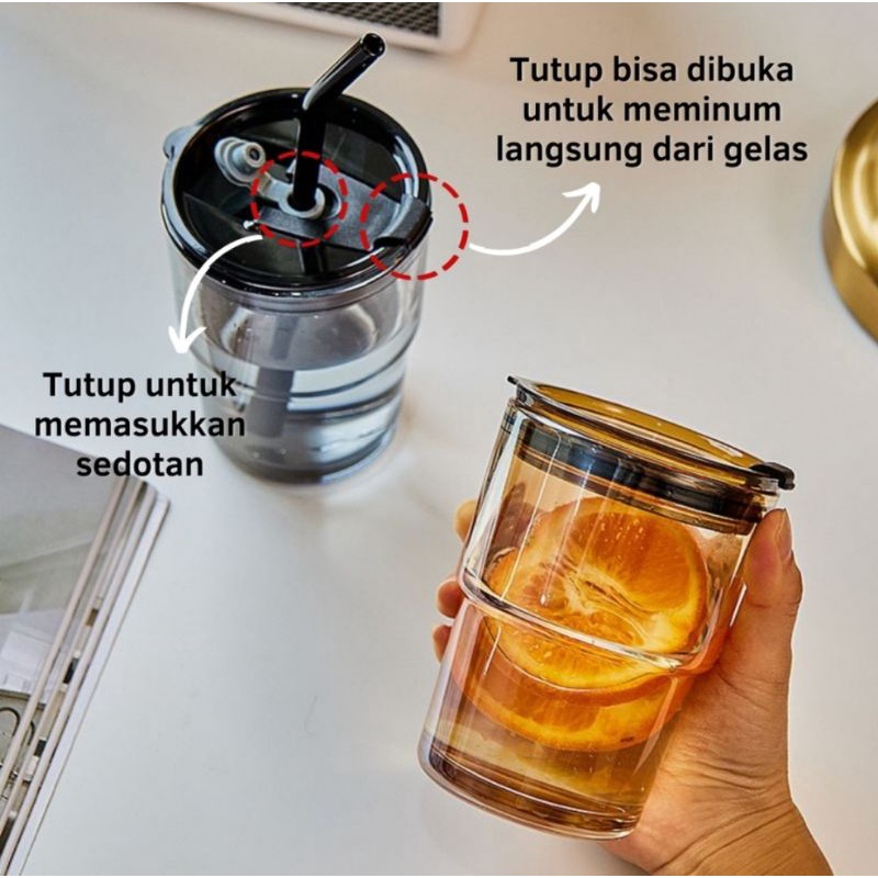 gelas kopi + sedotan tumbler kaca estetik mewah anti tumpah