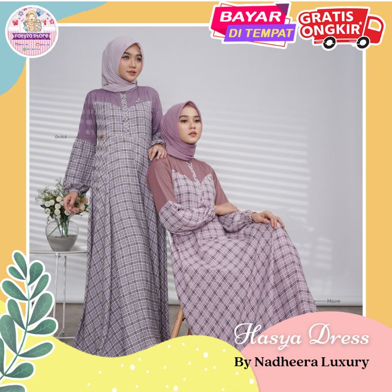 Hasya Dress NEW ORI by Nadheera Luxury Gamis Terbaru Jumbo XXL Dress Kondangan Wanita Busui Korea Muslim Rayon Premium Kombinasi Polos dan Tartan Kotak kotak Cantik
