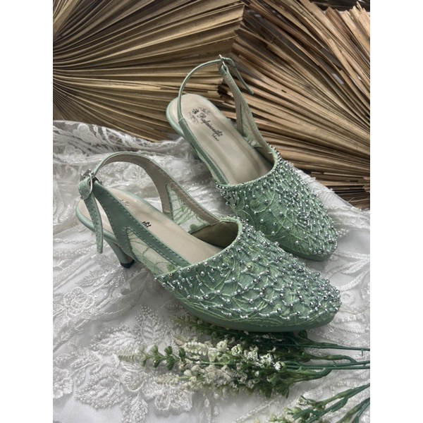 sepatu wanita wedding Sabrina hijaumint 7cm lancip