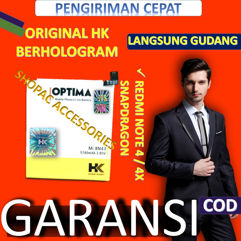 HK BN43 BATERAI bisa untuk xiaomi bisa untuk redmi NOTE 4 4X SNAPDRAGON BN 43 DOBEL POWER HK OPTIMA 