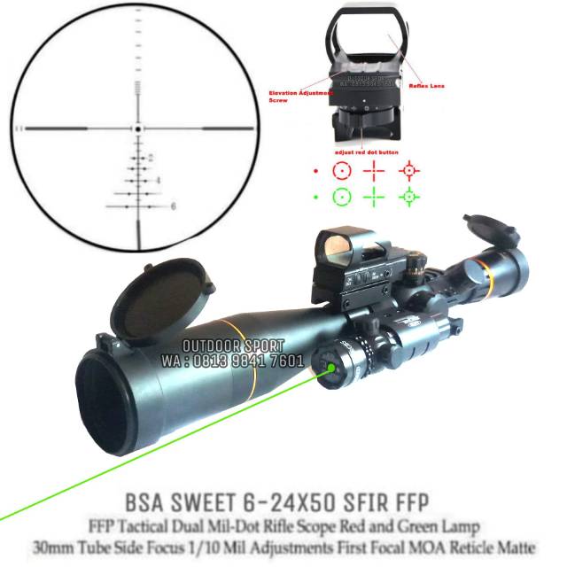 Telescope BSA 6-24X50 SFIR FFP Tube 30 + Holosight 4 Reticle RG Dot + Green Laser Scope - Riflescope