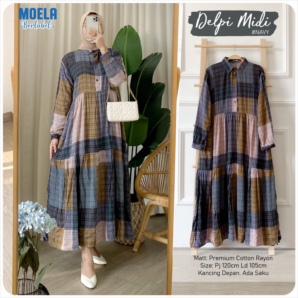 DELPI midi ld  105cm by ORI MOELA HIMBO ld 110 dress MUSLIM premium cotton rayon BUSUI kancing kotak