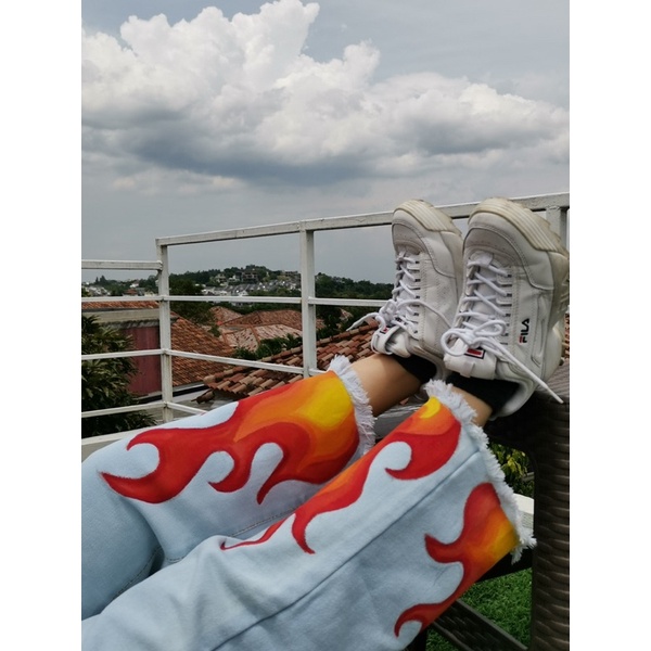 Celana panjang highwaist kulot wanita flames (hand painted jeans)