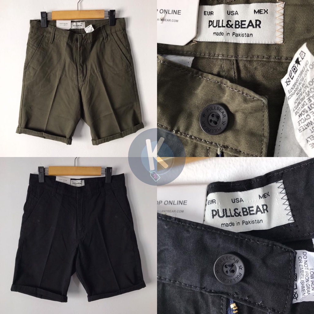 CELANA PENDEK PRIA CHINOS TROUSERS PULL&amp;BEAR P&amp;B PULL AND BEAR SHORTS PULLANDBEAR BLACK HIJAU ARMY