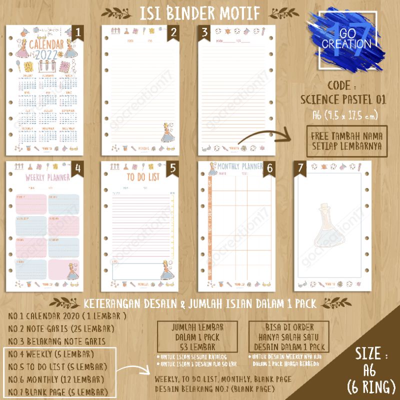

Buku Planner isi Kertas Binder Motif Science Pastel 01 Premium A6 ring 6