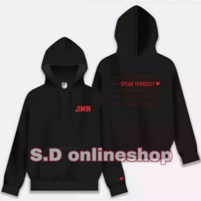 Jaket hoodie resleting Bangtan SPEAK YOURSELF request nama dada JIMIN SUGA JHOPE JUNGKOOK V RM JIN