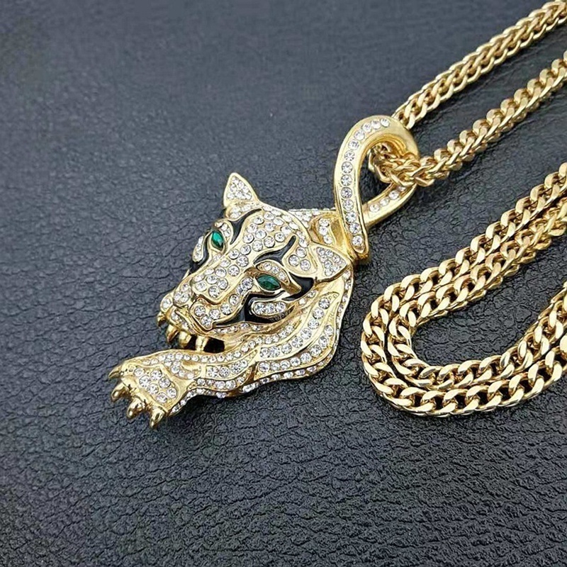 Mewah Pria 18K Emas Tergabung Austria berlian imitasi Emerald Tiger Pendant Necklace