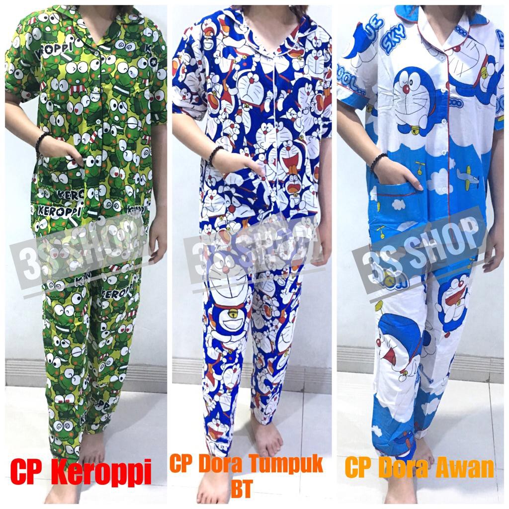  BAJU  TIDUR  PIYAMA DEWASA CP LENGAN  PENDEK KATUN DORAEMON  