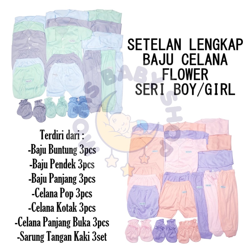 MOMS_ PAKET LENGKAP BAJU CELANA FLOWER POLOS WARNA  size NEWBORN PERLENGKAPAN BAYI baru lahir