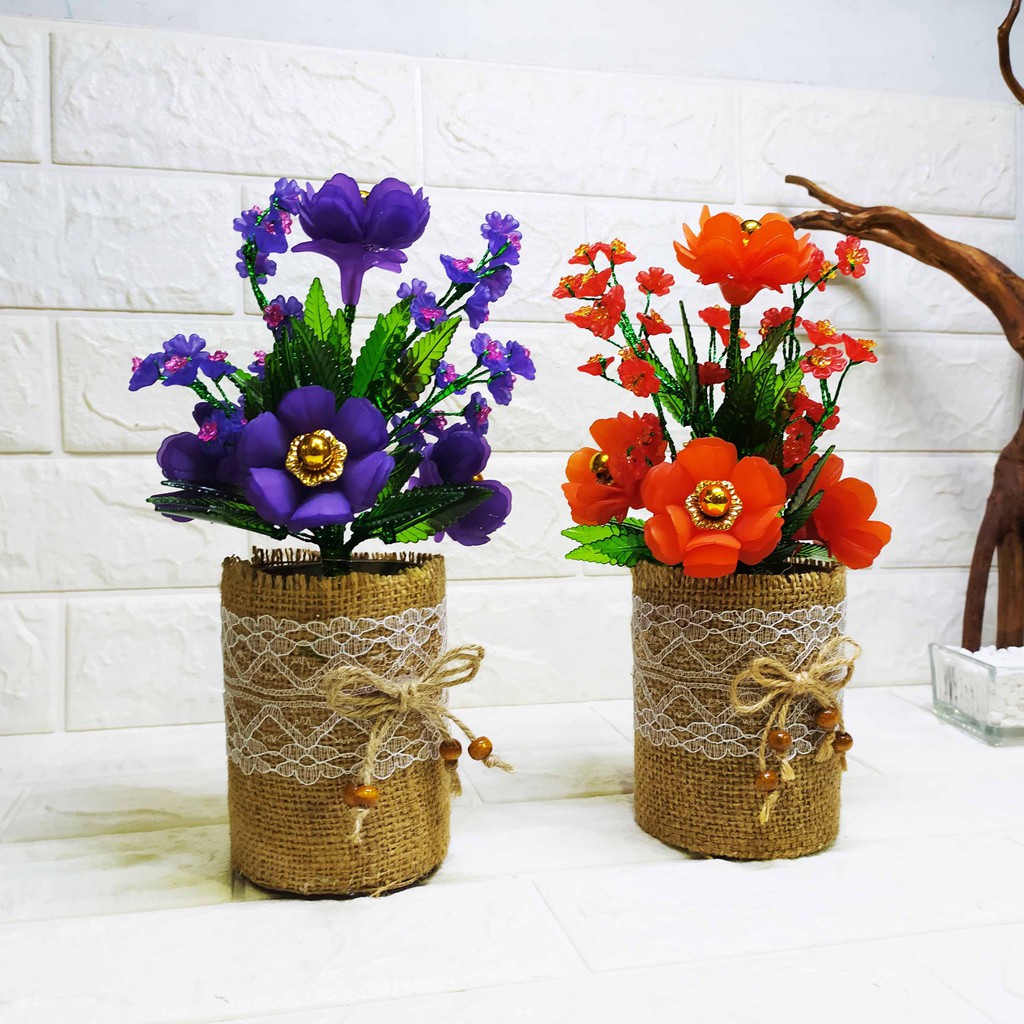 Pajangan Bunga Mawar Dahlia Pot Burlap - Pajangan Imitasi Cantik