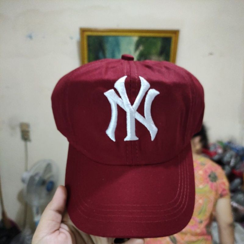Topi NY New York Topi Baseball Pria Wanita-maroon bahan twill