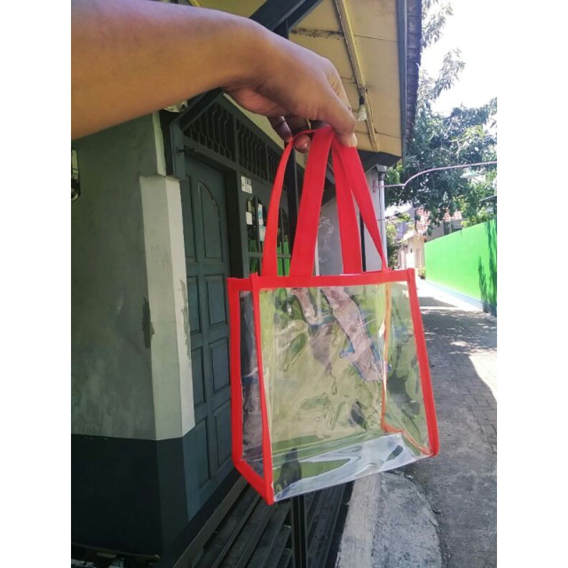 

20x20x10 Tas Mika Polos / Tas Mika Transparan List Warna / Tas PVC List Warna Premium / Tas Ultah Polos List Warna