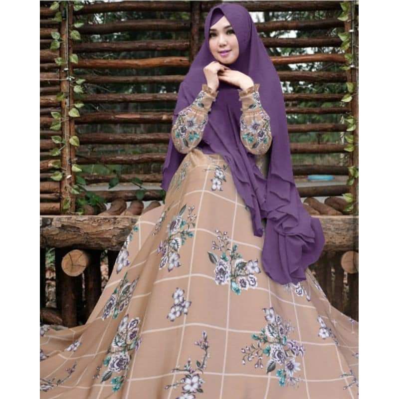 gamis set khimar.kotak bunga mocca