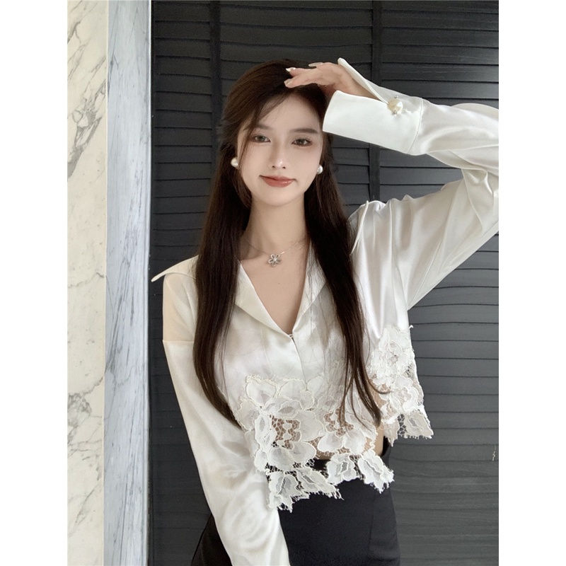 Suhao Shirt Lace Lengan Panjang Kemeja Crop Top
