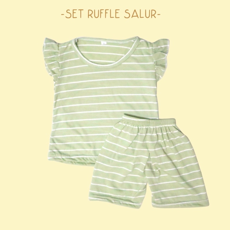 DK SETELAN RUFFLE SALUR / Set Baju + Celana Pendek Garis Anak Perempuan Simple Harian