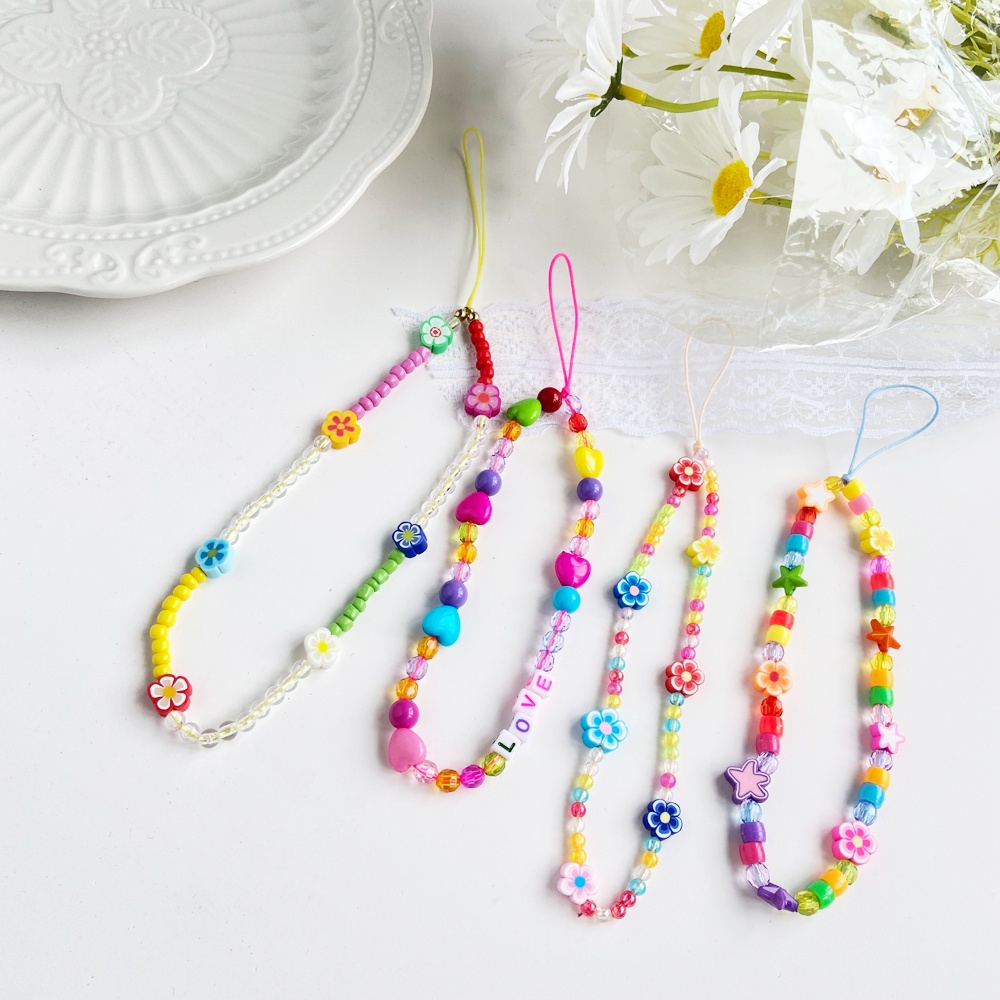 Korean Colorful Bead Mobile Phone Chain Cute Flower Letter Mobile Accessories